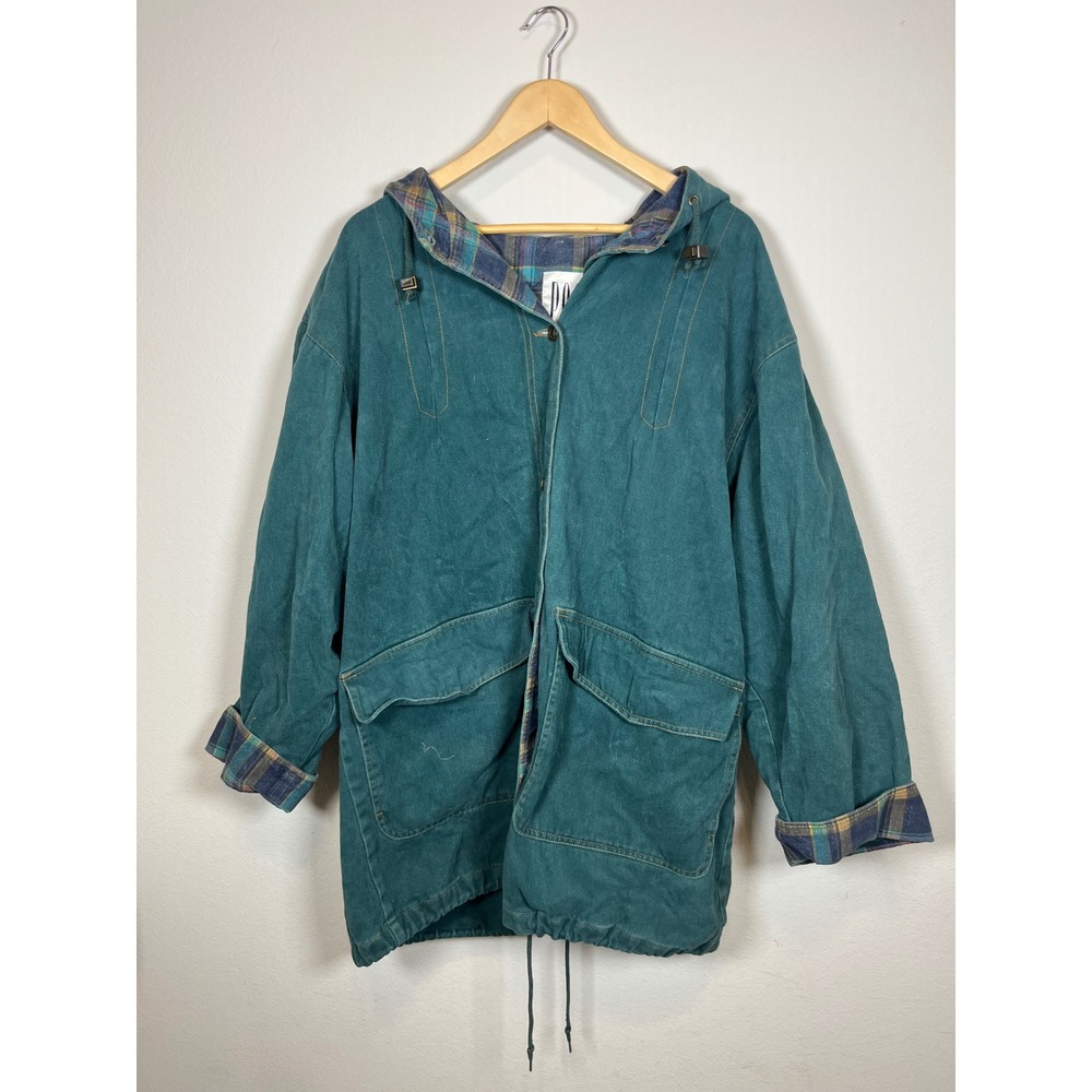 Vintage PAO Originals Teal Green Plaid Lined Hooded Parka Jacket Womens Large